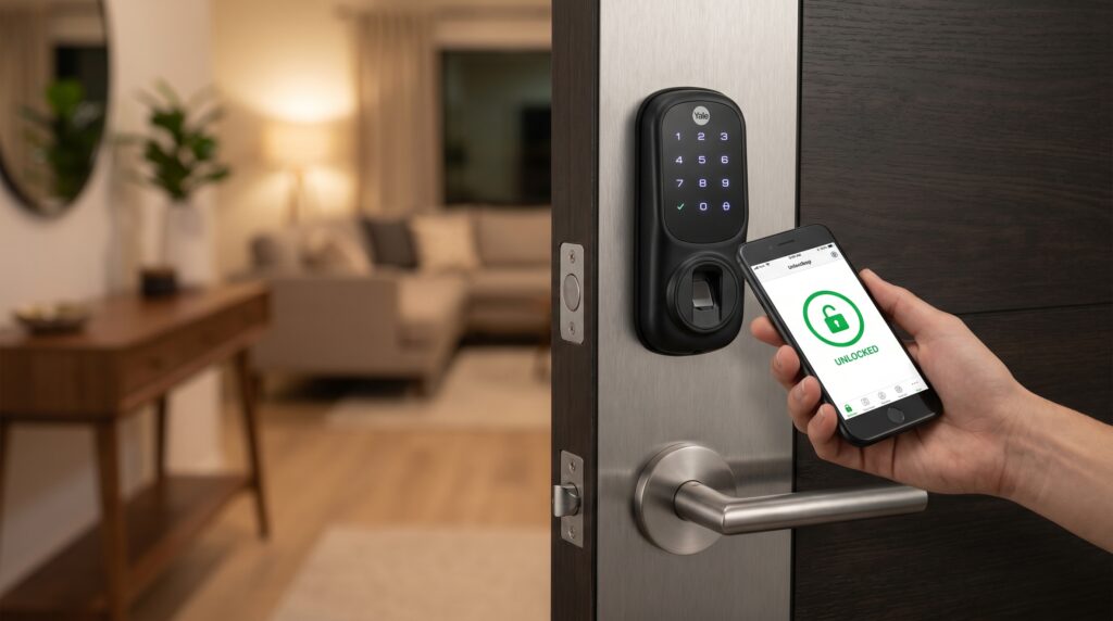 Mano abriendo una cerradura inteligente con el teléfono móvil