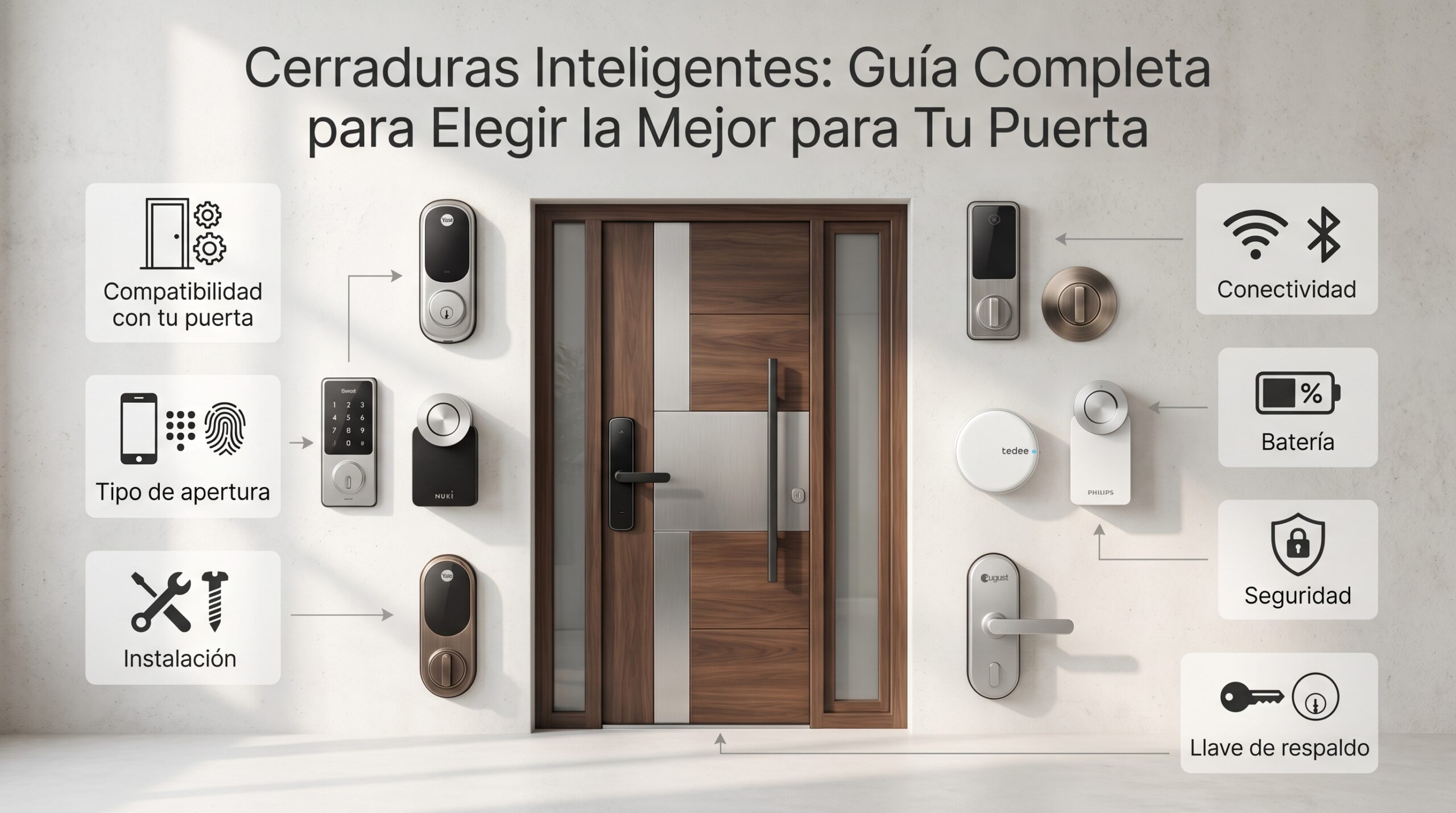 Infografía sobre cómo elegir una cerradura inteligente para la puerta con diferentes modelos y tipos de apertura