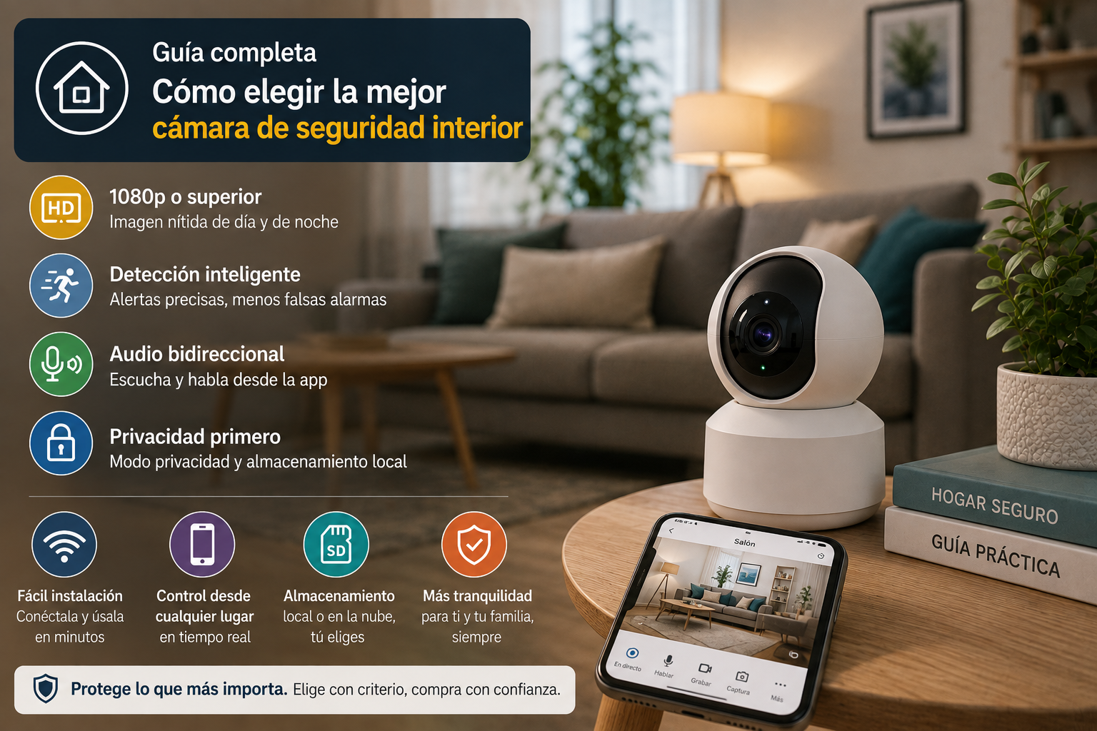 Cámara de seguridad interior WiFi en un salón mostrando vigilancia del hogar desde el móvil, con funciones de detección, audio y privacidad.