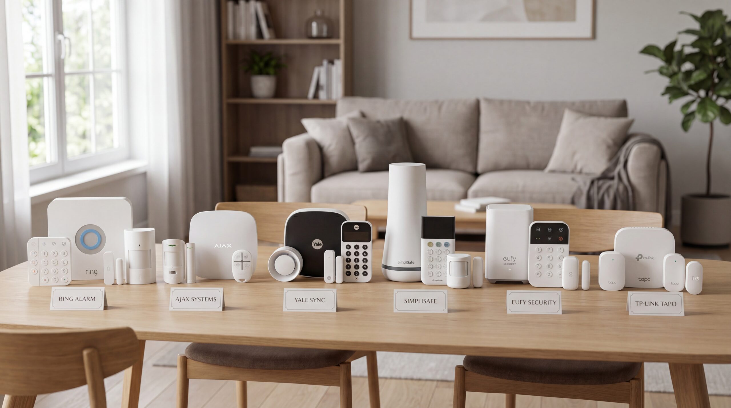 Comparativa de kits de alarmas para el hogar de Ring, Ajax, Yale, SimpliSafe, Eufy y Tapo sobre una mesa