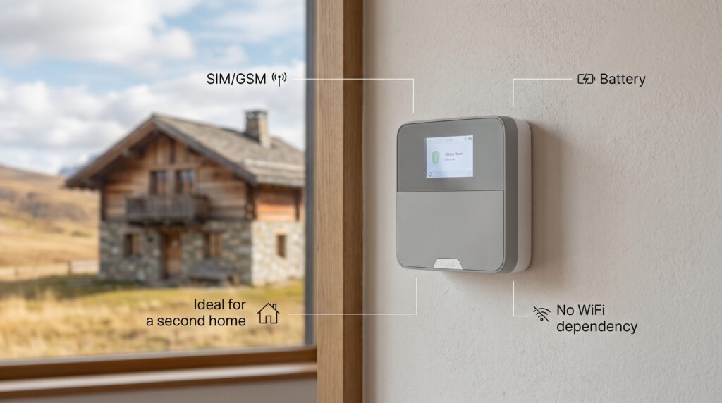 Panel central de alarma inalámbrica con conexión SIM 4G instalado en una segunda residencia o casa de campo sin internet fijo.