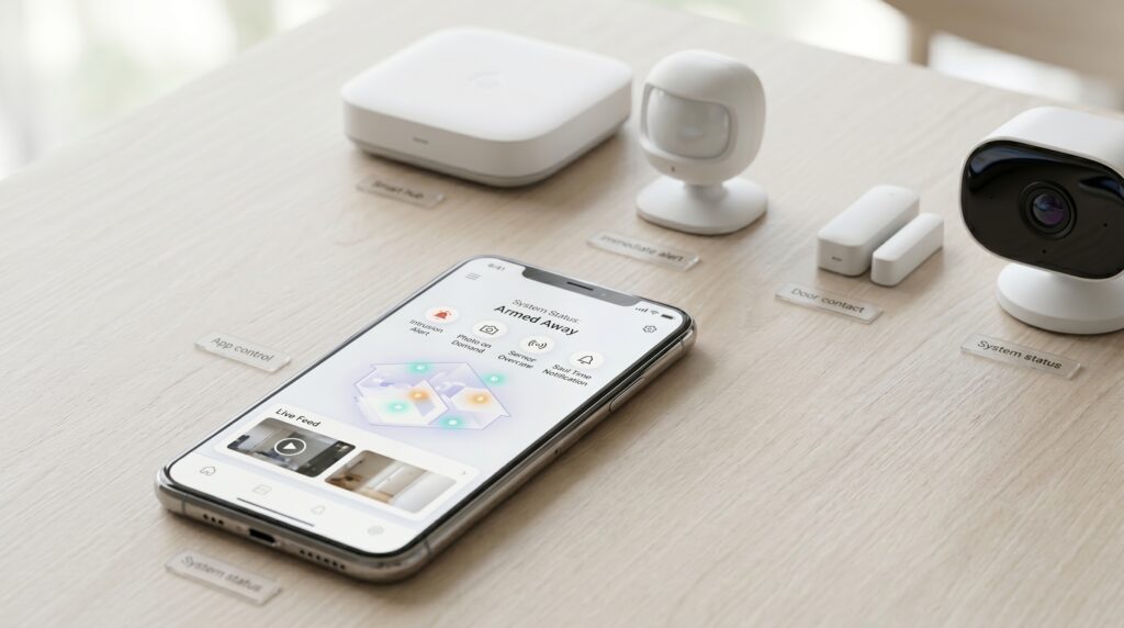 Teléfono inteligente mostrando la interfaz de una aplicación móvil de seguridad para controlar una alarma antiokupas y recibir fotos en directo.
