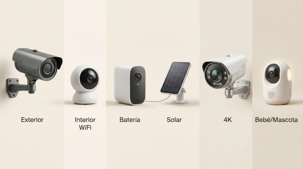 Tipos de cámaras de seguridad para casa: exterior, interior, WiFi, batería, solar y 4K