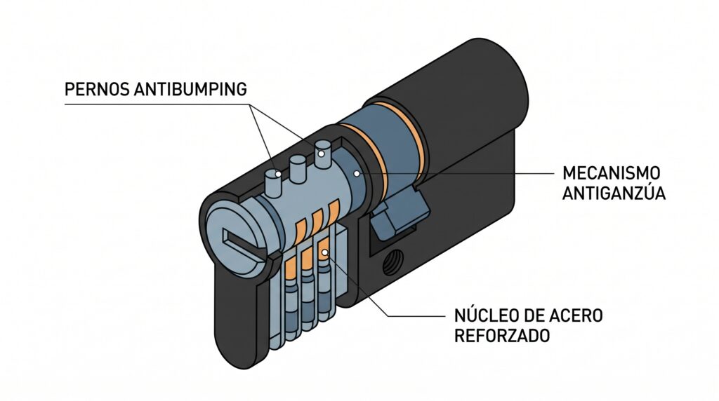 Infografía técnica que detalla los pines antibumping y el núcleo reforzado de un bombín de alta seguridad para puertas blindadas.