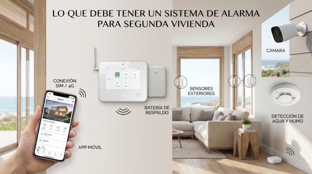 Esquema de componentes necesarios para una alarma en casa de vacaciones: conexión SIM 4G, App móvil, batería de respaldo, sensores exteriores y detección de agua o humo.