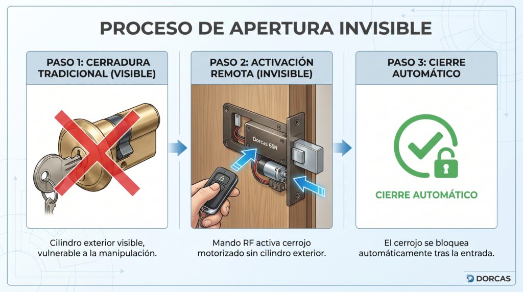 Diagrama paso a paso que explica cómo un mando por radiofrecuencia activa el mecanismo de cierre de una cerradura Dorcas 65N sin cilindro exterior.