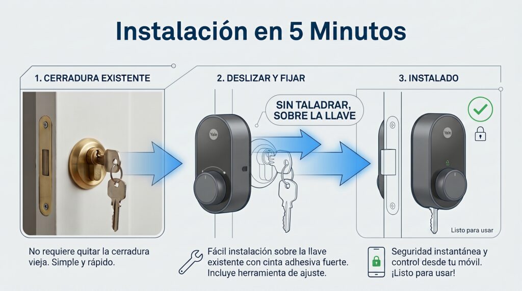 Diagrama explicativo que muestra cómo encajar una cerradura inteligente sobre la llave y el cilindro original sin herramientas.