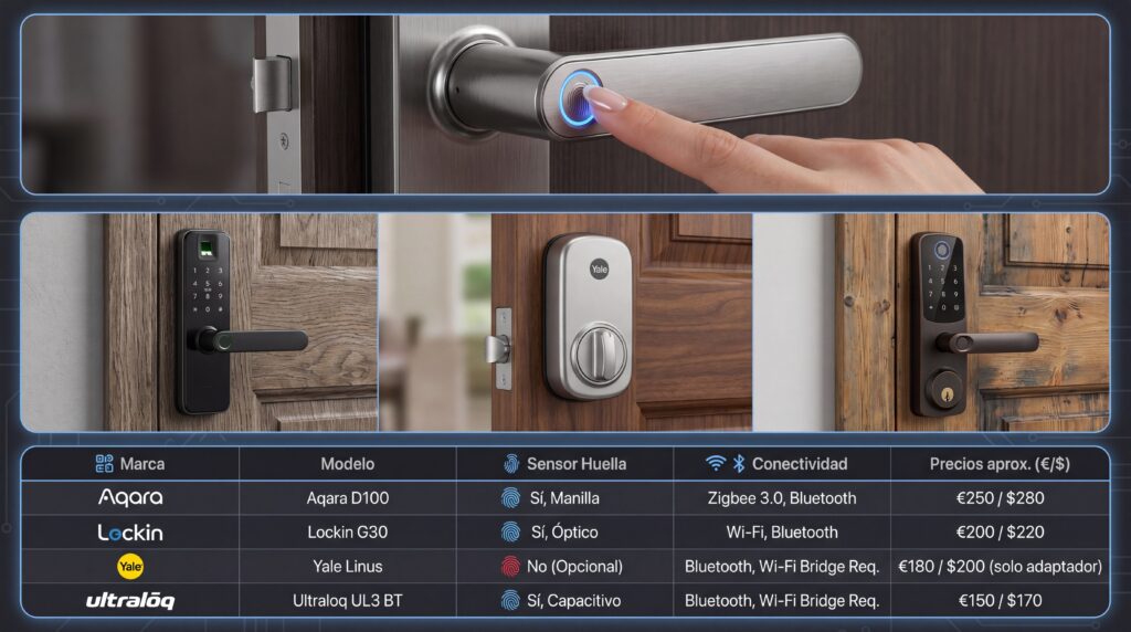 Modelos destacados de cerraduras inteligentes con huella digital Lockin G30, Aqara D100 y Ultraloq UL3 BT.