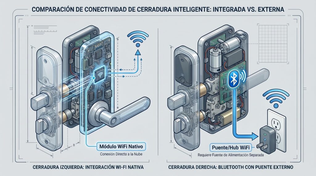 Esquema técnico comparando los componentes internos y flujo de datos de una cerradura WiFi nativa frente a una cerradura Bluetooth que usa un hub o bridge WiFi.