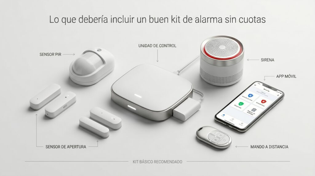 Infografía de un kit básico de alarma sin cuotas que incluye unidad de control, sensores de apertura, sensor PIR, sirena inalámbrica, mando a distancia y aplicación móvil.