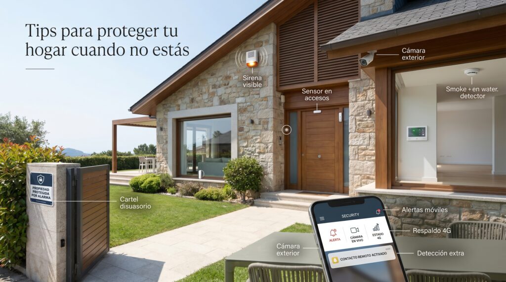Infografía con consejos para proteger el hogar: cartel disuasorio, sirena visible, sensores en accesos, cámaras exteriores y alertas móviles con respaldo 4G.