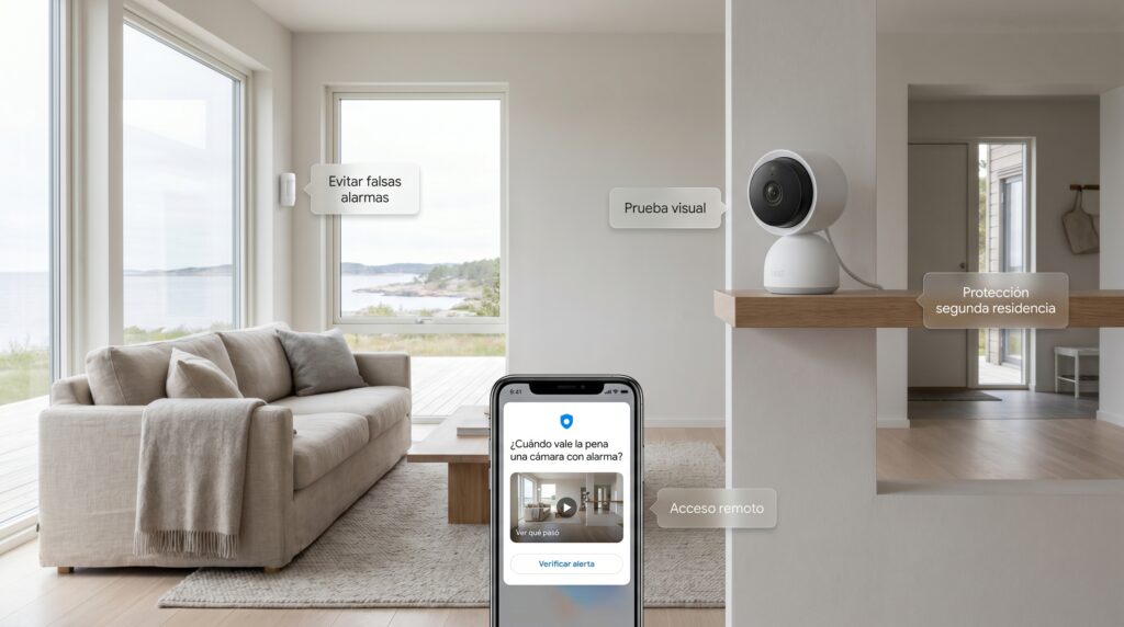 Comparativa visual de dispositivos de seguridad: cámara de vigilancia Nest Cam para visualización continua vs. fotodetector PIR para captura de imágenes solo durante alertas y evitar falsas alarmas.