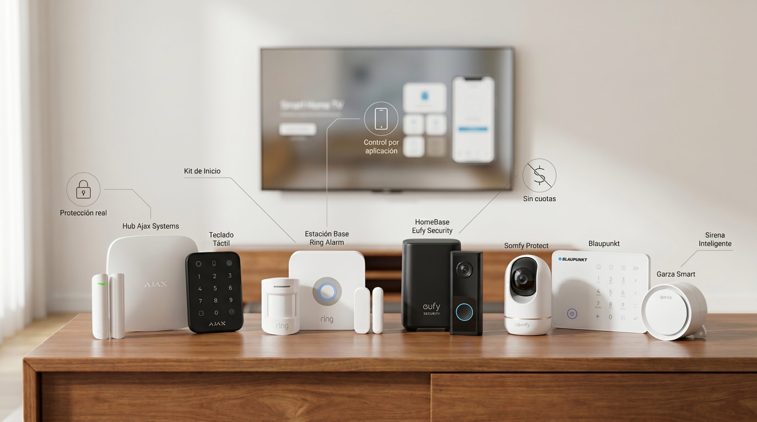Comparativa de kits de alarmas inteligentes para casa sin cuotas mensuales, incluyendo sistemas Ajax, Ring y Eufy sobre un mueble de salón.