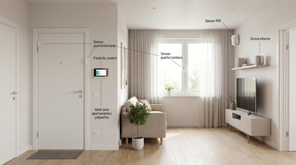 Esquema de instalación de una alarma inteligente en un salón, mostrando la ubicación del panel de control, sensores de puertas y ventanas, sensor PIR y sirena interior.