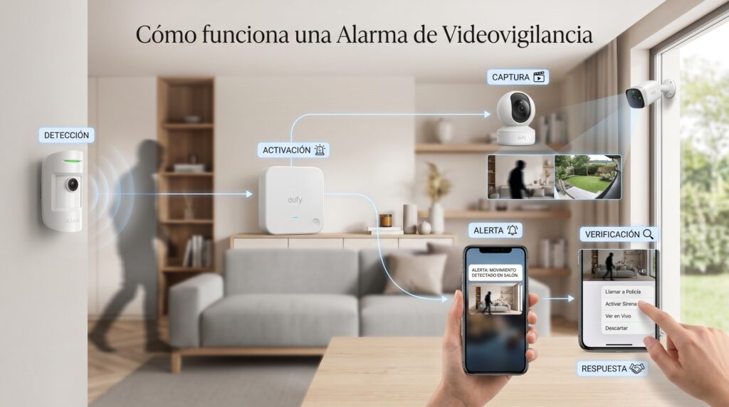 Infografía que explica cómo funciona una alarma con videovigilancia: detección del intruso, activación del hub Eufy, captura de imagen por cámaras interiores y exteriores, alerta al móvil y opciones de respuesta como llamar a la policía.