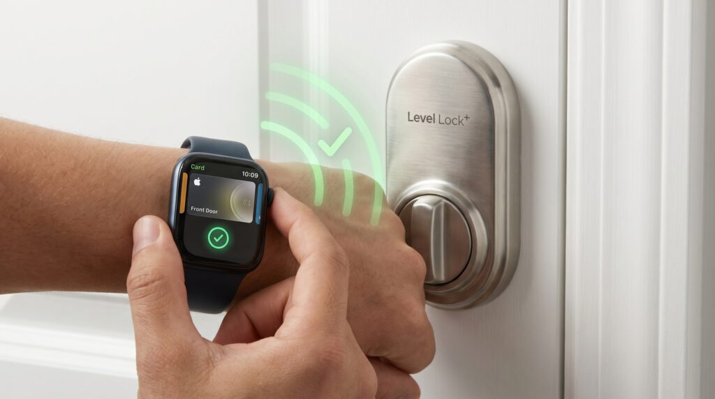Primer plano interactivo de un usuario abriendo una cerradura Level Lock+ usando la tarjeta Home Key en su Apple Watch.