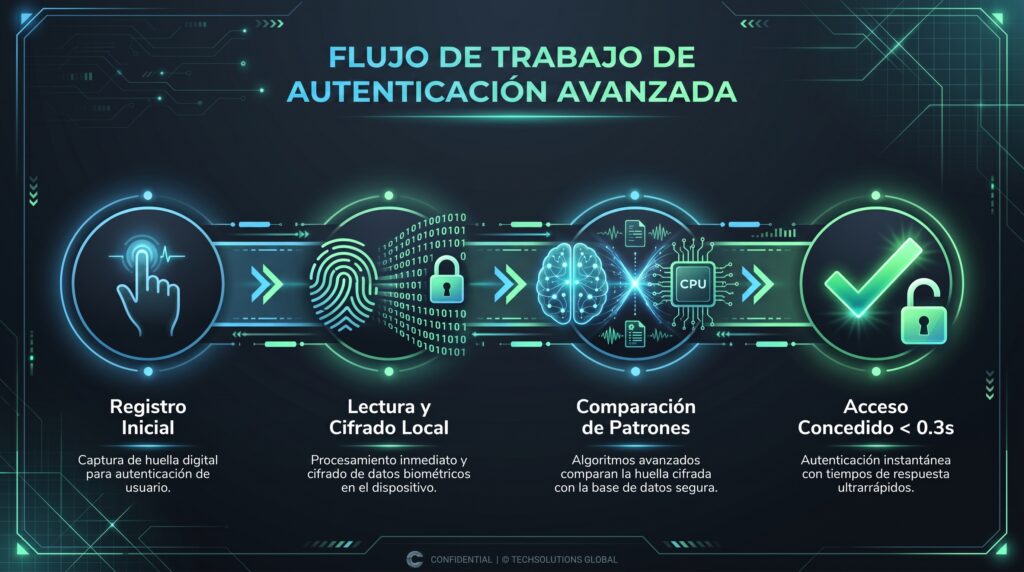 Gráfico explicativo del proceso de verificación e identificación de una huella dactilar en un sensor capacitivo 3D.