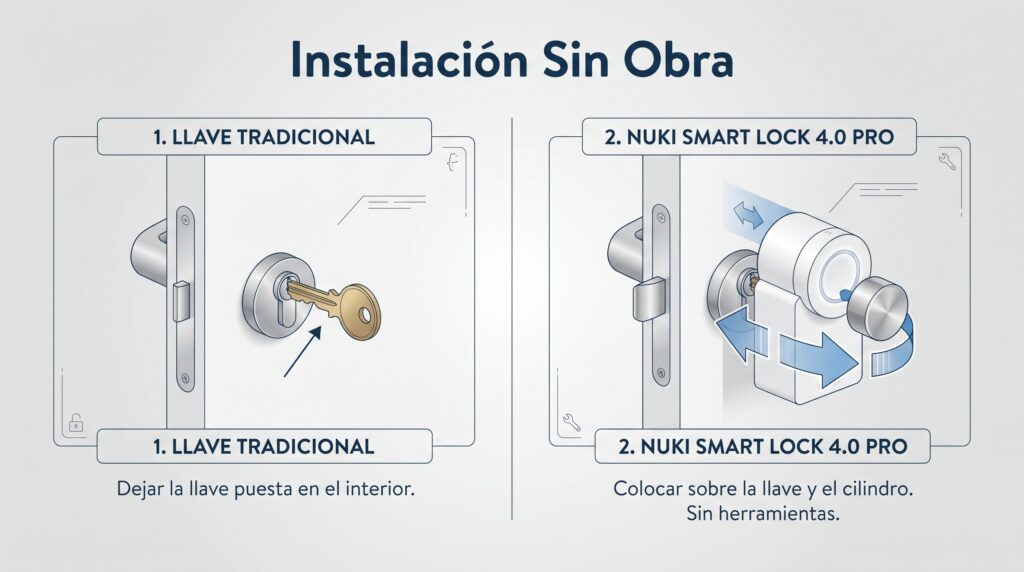Diagrama híbrido que explica cómo se instala la cerradura Nuki Smart Lock 4.0 Pro sobre la llave y el cilindro original sin hacer obras.