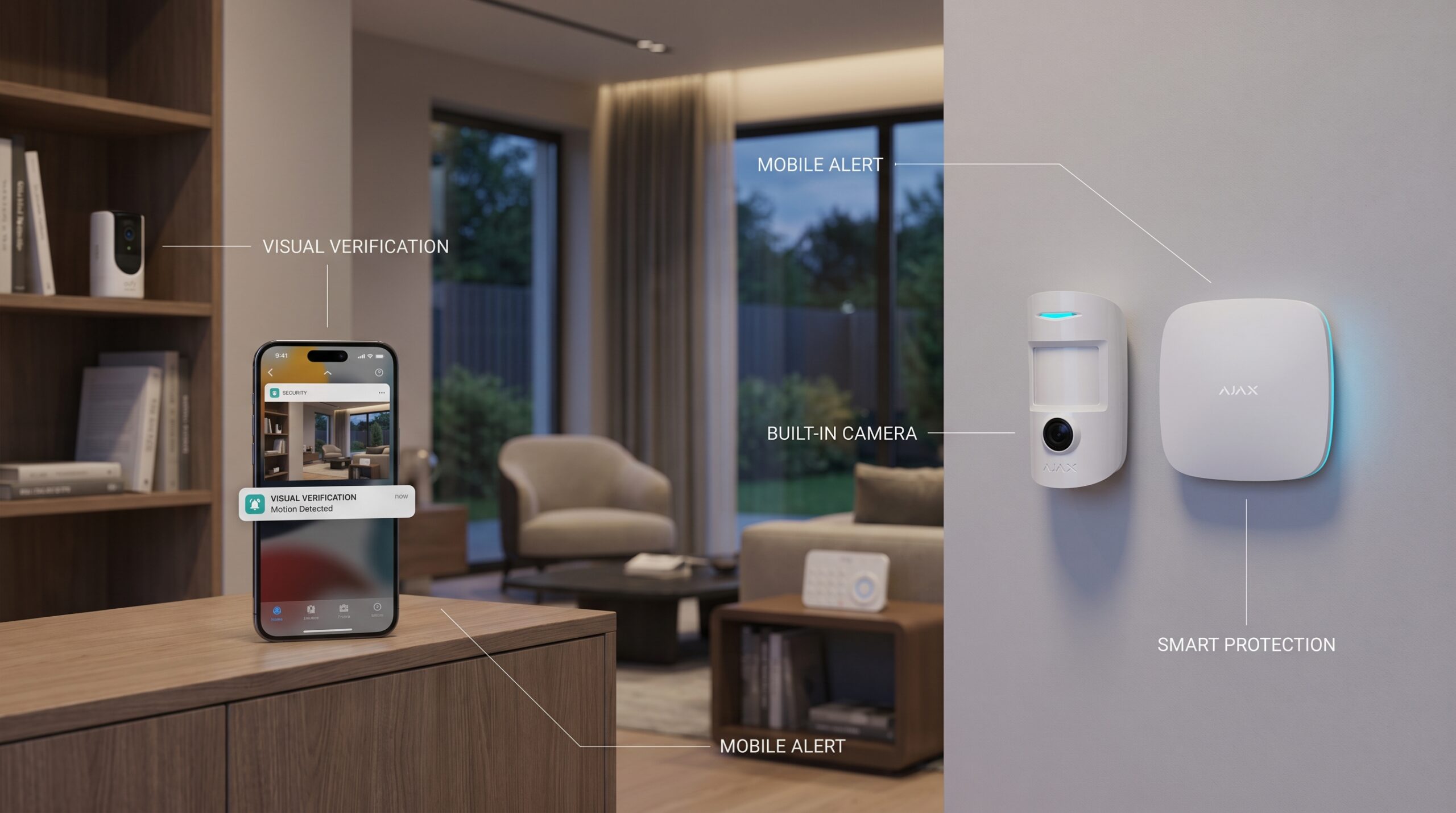 Sistema de alarma Ajax con sensor de movimiento con cámara integrada (MotionCam) mostrando una notificación de verificación visual en un smartphone tras detectar movimiento.