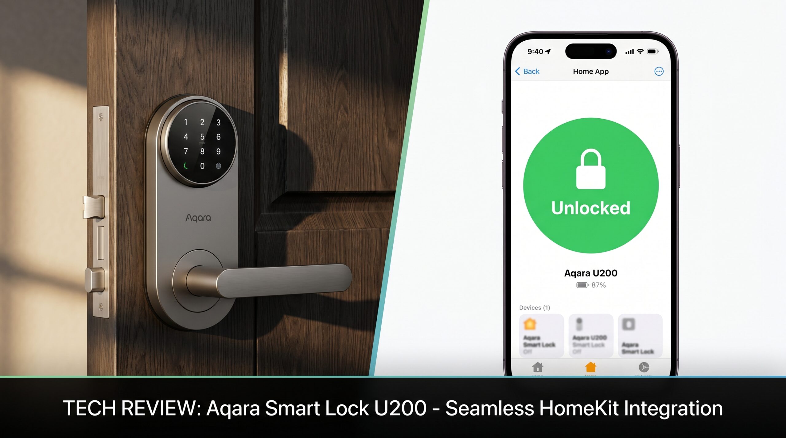 Imagen híbrida de la cerradura inteligente Aqara U200 instalada en una puerta junto a la interfaz de la app Casa de Apple en verde.
