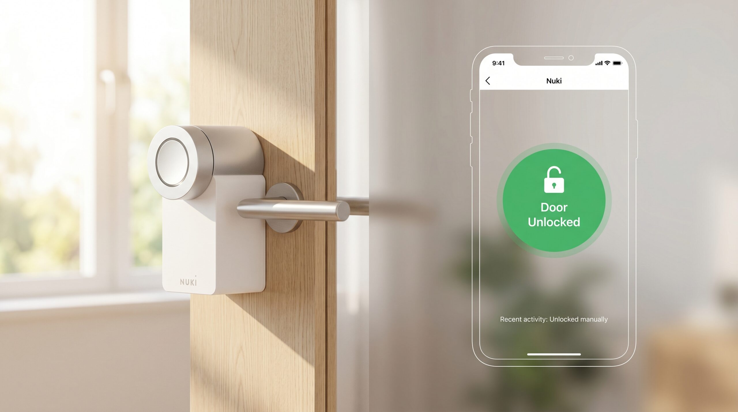Imagen híbrida de la cerradura inteligente sin obra Nuki Smart Lock 4.0 Pro con la interfaz de su aplicación móvil en verde.