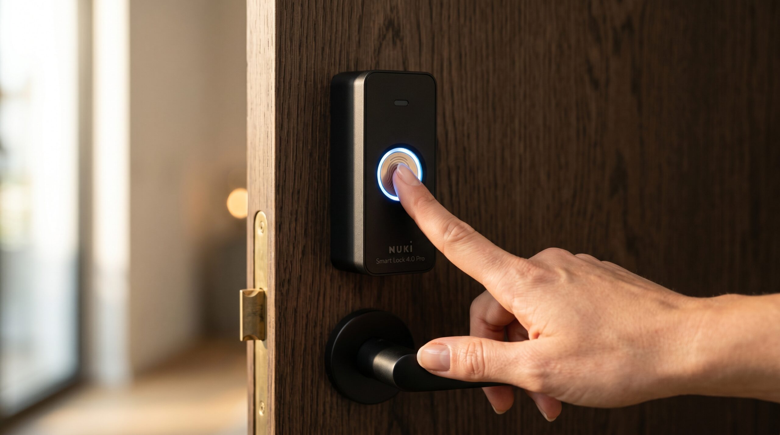 Primer plano de una persona abriendo la puerta de su casa con el lector de huella dactilar de una cerradura inteligente Nuki 4.0 Pro instalada en una puerta moderna.
