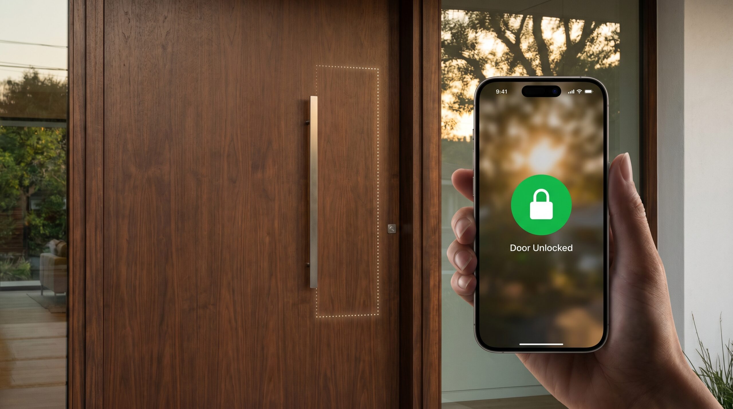Una puerta de entrada moderna y limpia sin cilindro exterior junto a un iPhone mostrando el estado desbloqueado en la aplicación Casa de Apple.