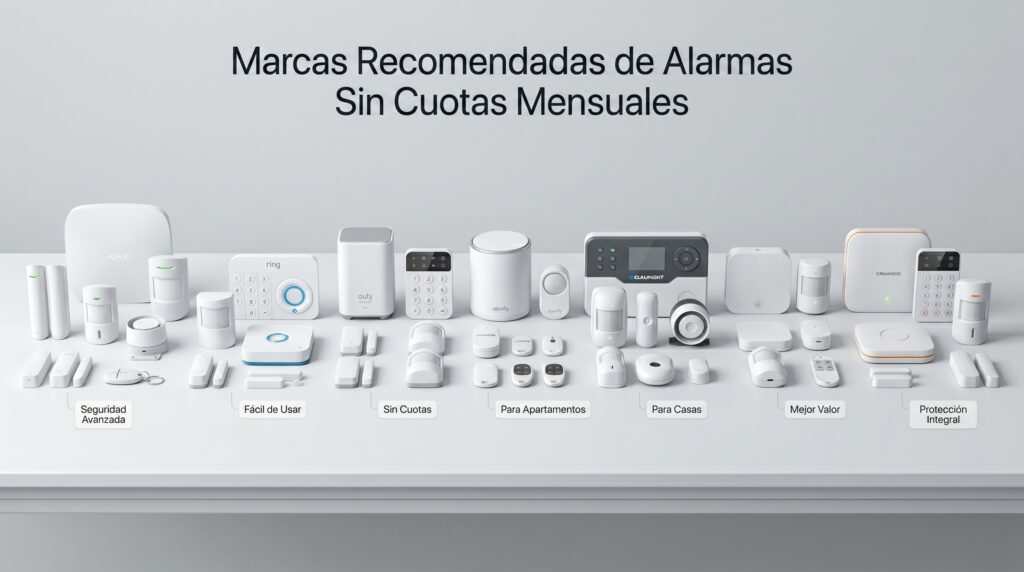 Comparativa de las mejores marcas de alarmas sin cuotas: Ajax para seguridad avanzada, Ring por facilidad de uso, Eufy, Somfy para apartamentos, Blaupunkt para casas y Chuango para protección integral.
