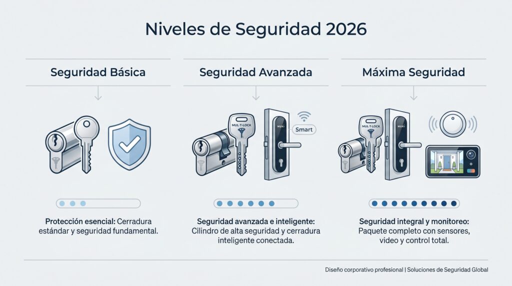 Infografía que resume las recomendaciones del artículo para seguridad básica (cilindro+escudo), avanzada (con cerradura inteligente) y máxima.