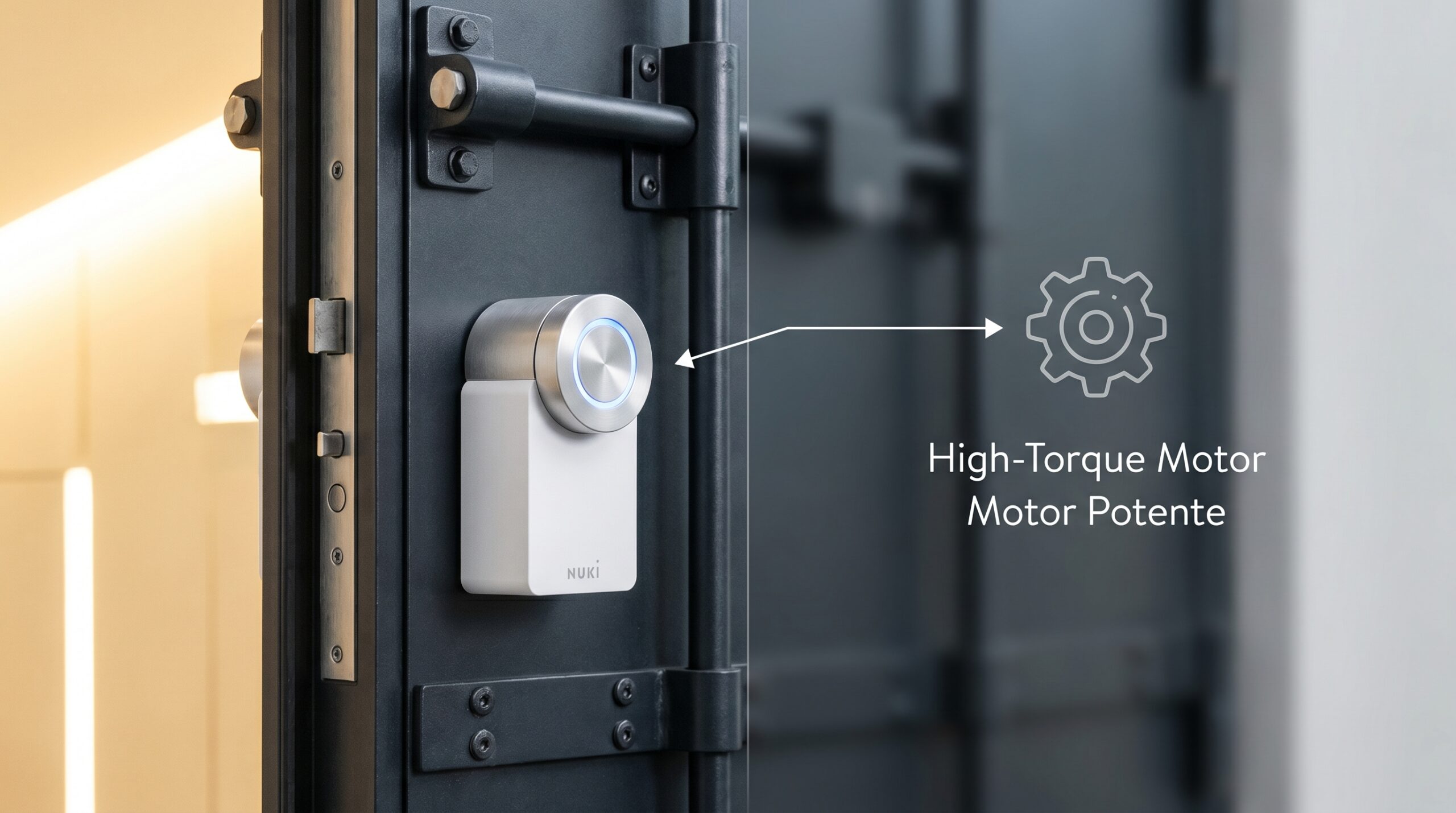 Imagen híbrida de la cerradura Nuki Smart Lock 4.0 Pro en una puerta blindada, destacando gráficamente la potencia de su motor para cilindros pesados.