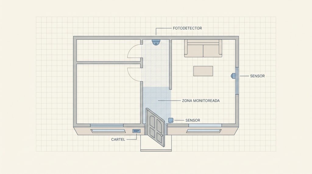 Diagrama en planta de una casa vacía protegida que muestra la ubicación estratégica de carteles disuasorios, sensores de puertas y cámaras de seguridad.