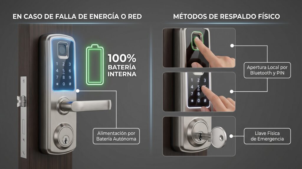 Infografía fotorrealista que muestra los métodos alternativos de apertura local en una cerradura inteligente durante un corte de luz o de internet.