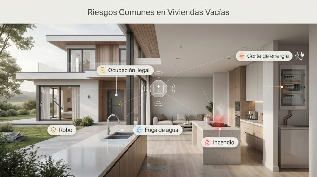Infografía sobre riesgos comunes en casas de vacaciones vacías: ocupación ilegal, robo, fugas de agua, incendios y cortes de energía eléctrica.