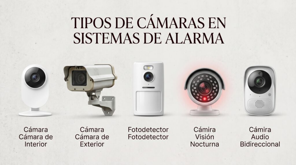 Comparativa de tipos de cámaras para alarmas: cámara de interior, cámara de exterior resistente, fotodetector PIR, cámara con visión nocturna por infrarrojos y cámara con audio bidireccional.