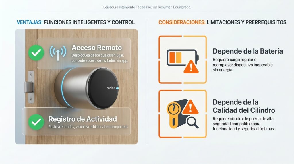 Gráfico comparativo de las ventajas (acceso remoto, registro) y límites (batería, dependencia del cilindro) de las cerraduras inteligentes.
