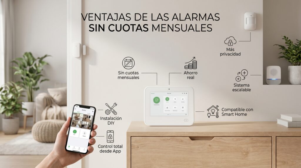 Infografía sobre las ventajas de las alarmas sin cuotas mensuales: ahorro real, instalación DIY, control total desde App móvil, mayor privacidad y compatibilidad con Smart Home.