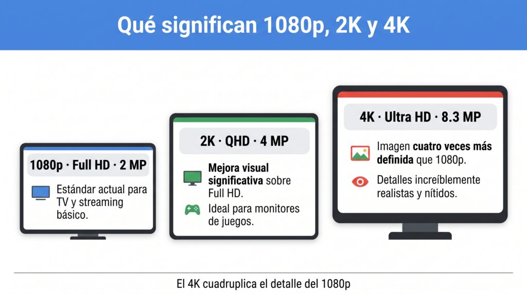 Infografía que compara la escala de píxeles de las resoluciones 1080p, 2K y 4K