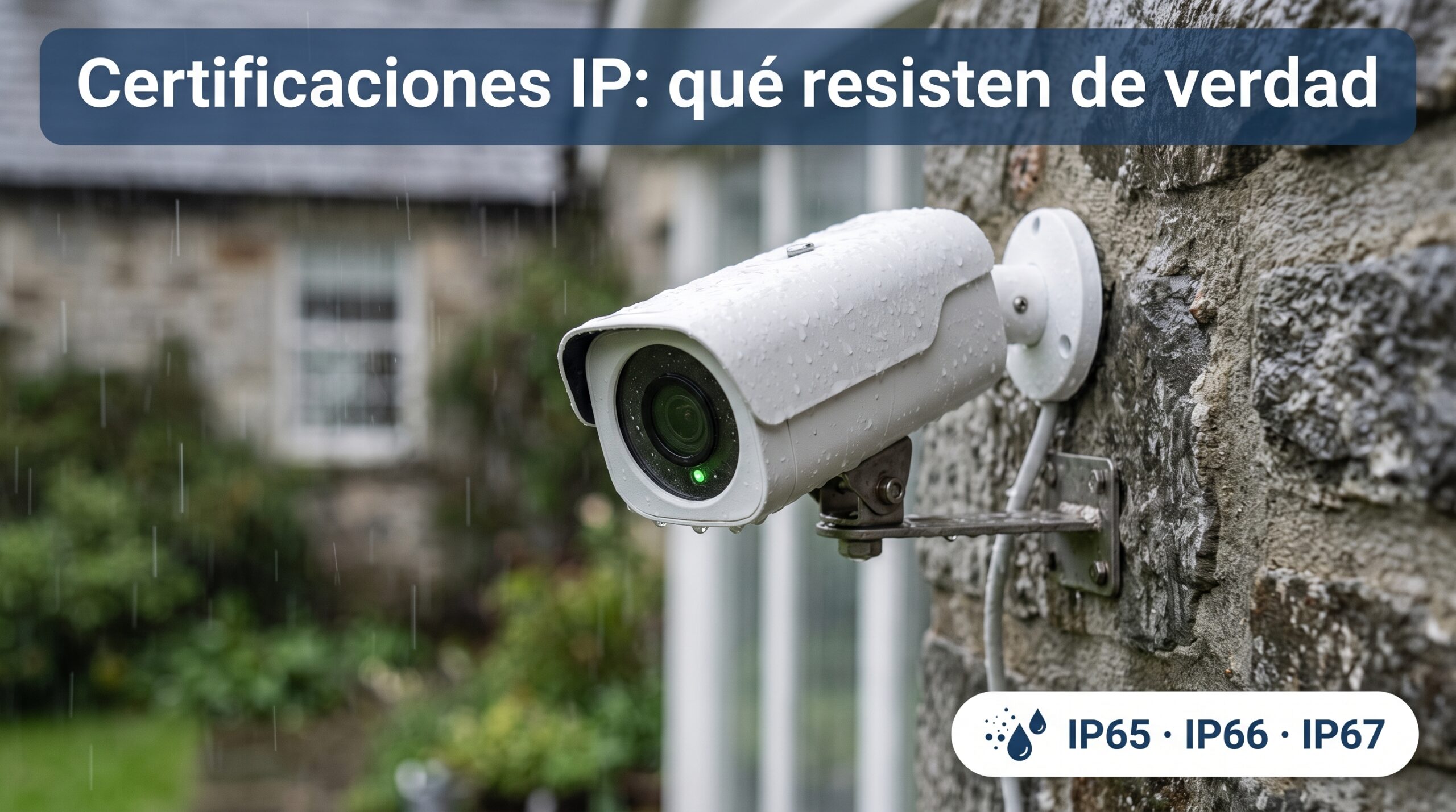 Cámara de seguridad de exterior resistiendo la lluvia en la fachada de una casa