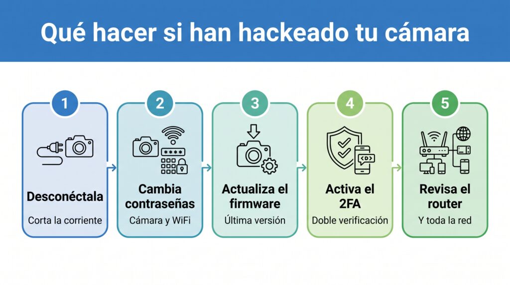 Diagrama con los cinco pasos a seguir si tu cámara WiFi ha sido hackeada