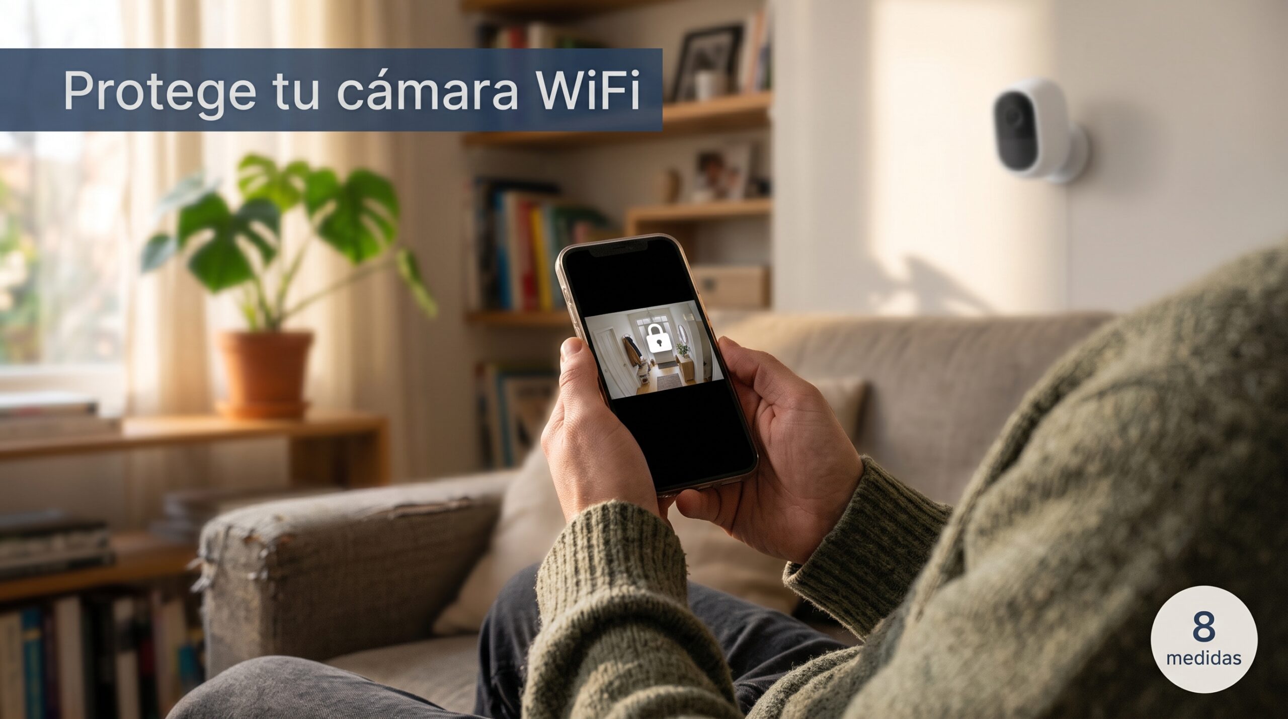 Persona comprobando desde el móvil que su cámara WiFi doméstica está protegida