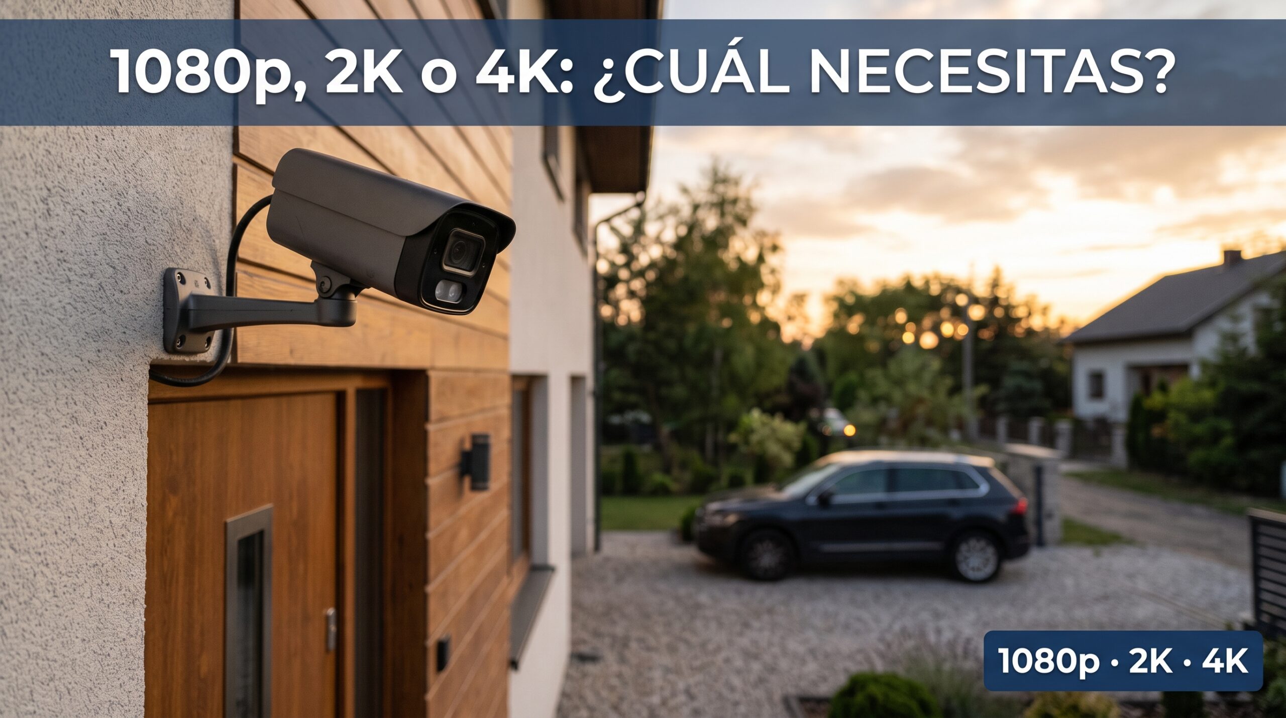 Cámara de seguridad doméstica vigilando la entrada de una vivienda al atardecer