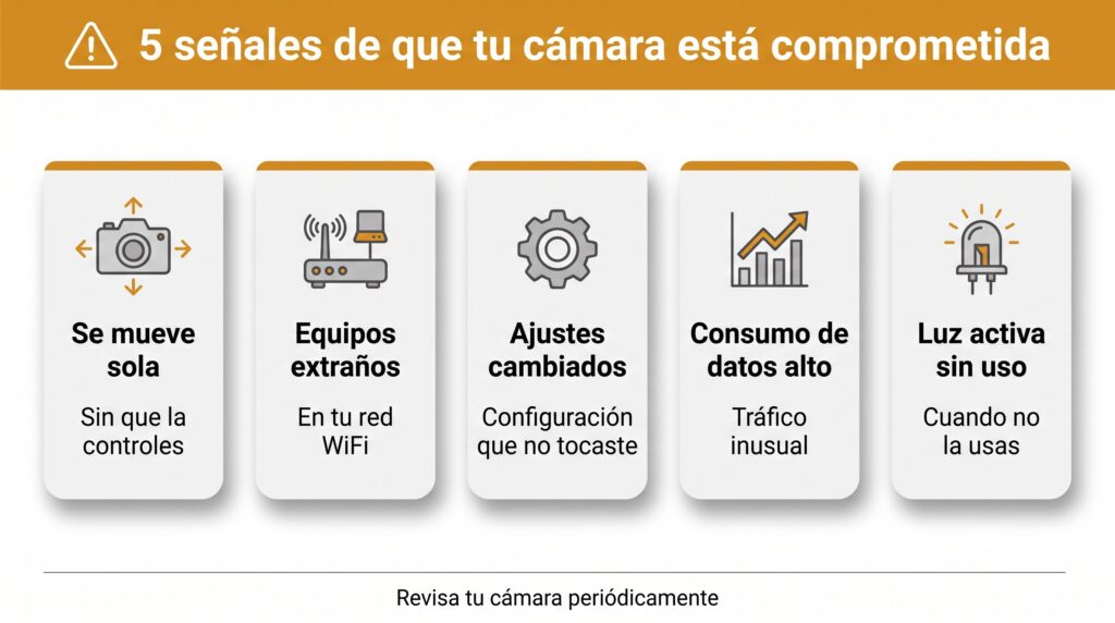  Infografía con las cinco señales de que una cámara WiFi podría estar hackeada