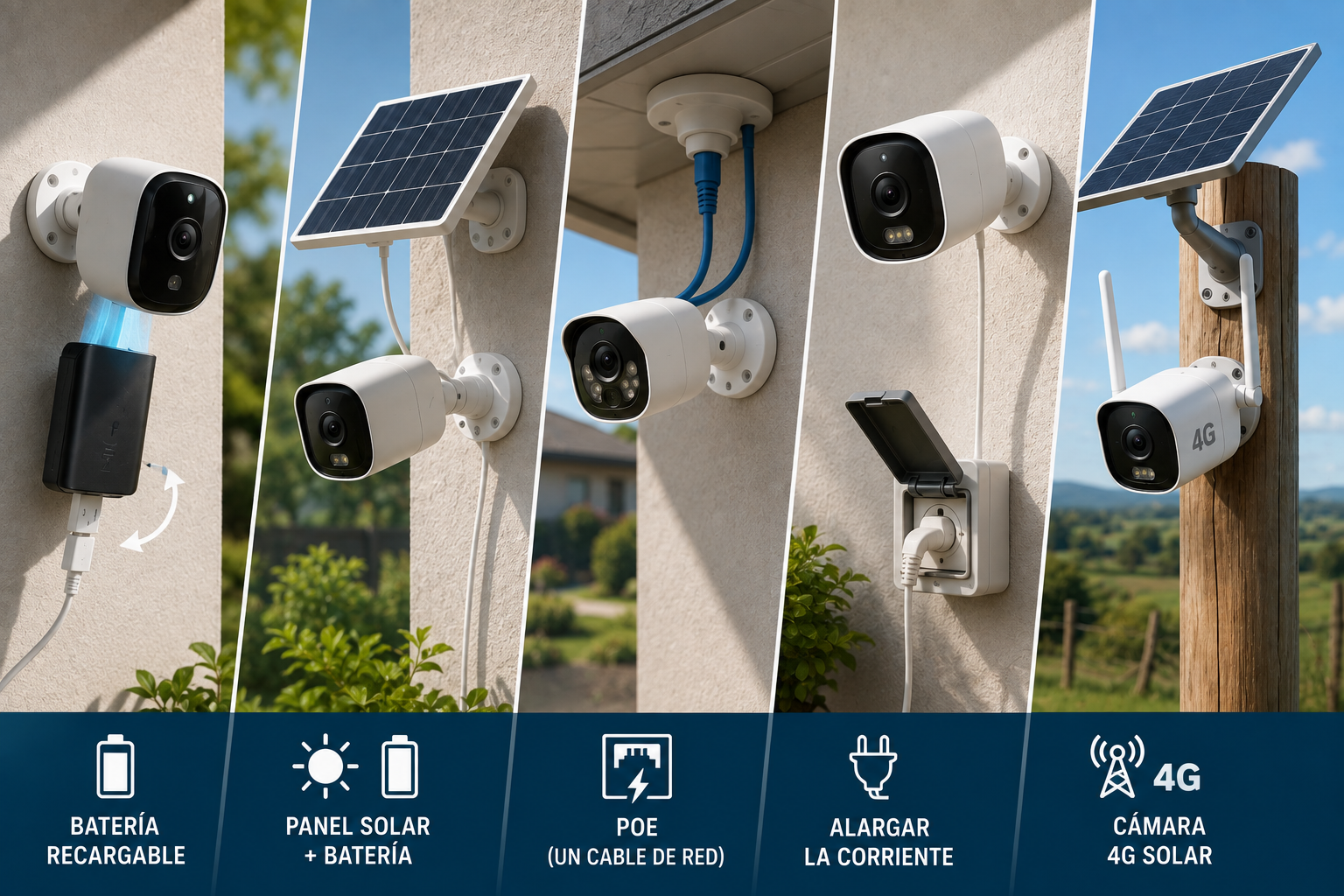 Cámara de seguridad exterior alimentada con batería, panel solar, PoE, corriente eléctrica y conexión 4G solar.