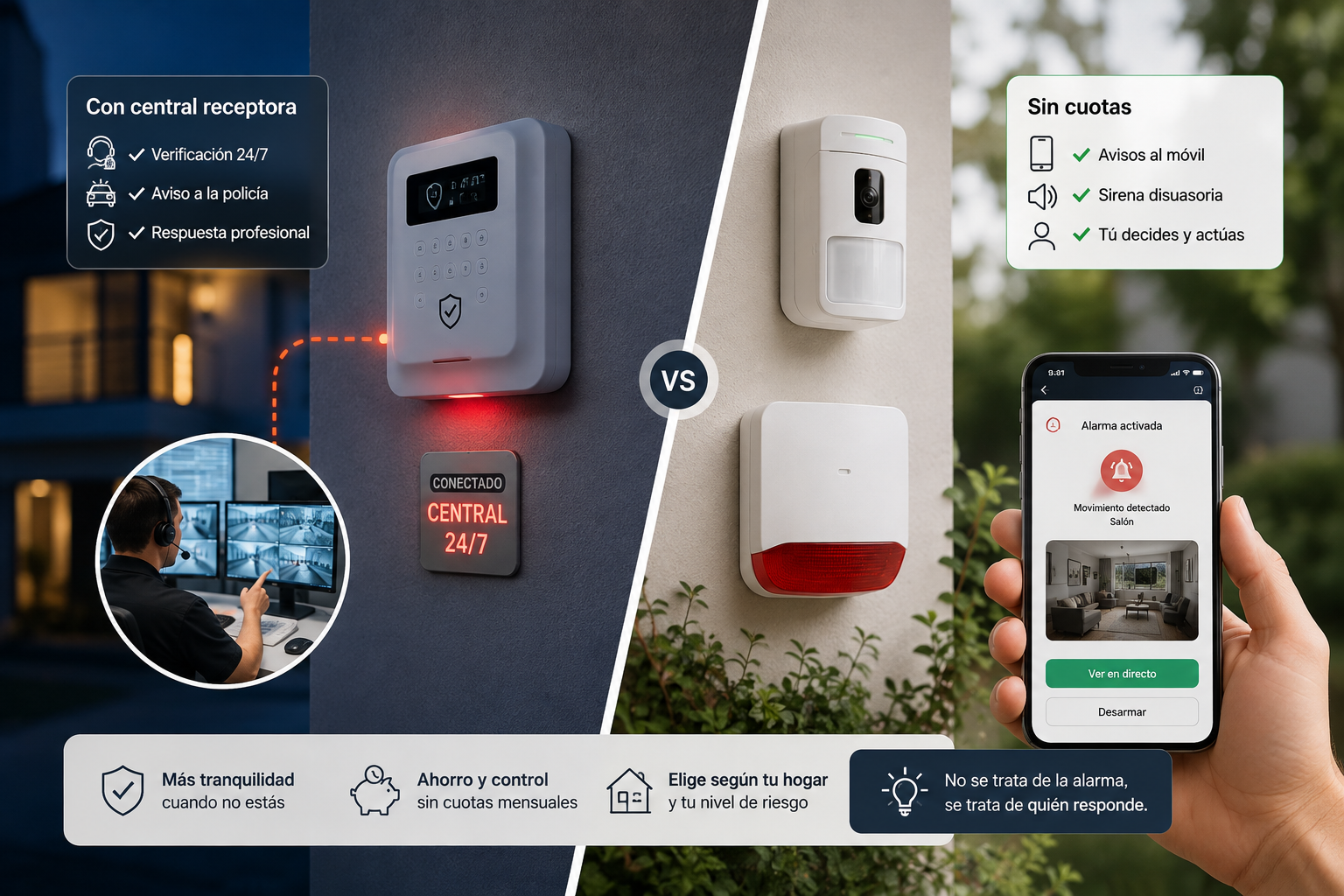 Comparativa de alarma con central receptora 24/7 y alarma sin cuotas para proteger una vivienda