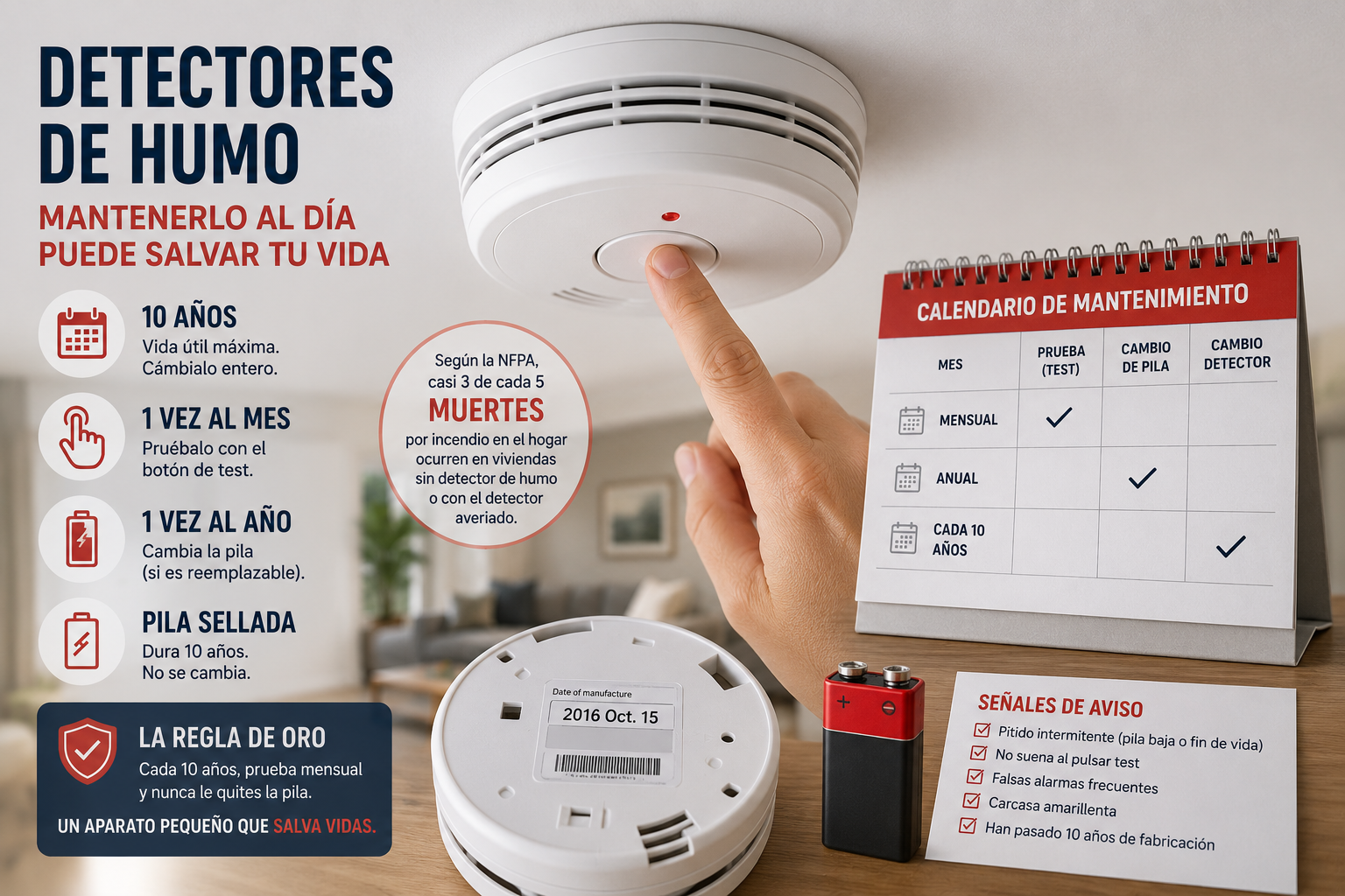 Detector de humo: prueba mensual, cambio de pila y renovación cada 10 años