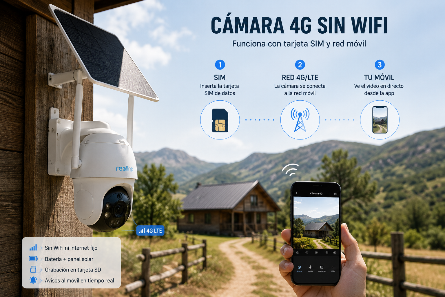 Cámara de seguridad 4G con tarjeta SIM y panel solar mostrando conexión móvil al teléfono sin WiFi.
