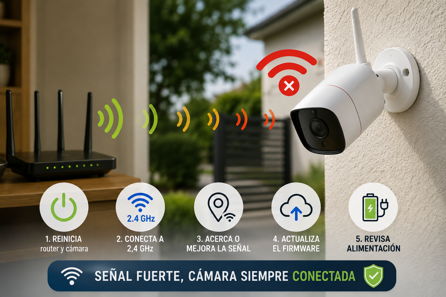 Cámara de seguridad WiFi desconectada por señal débil y router doméstico