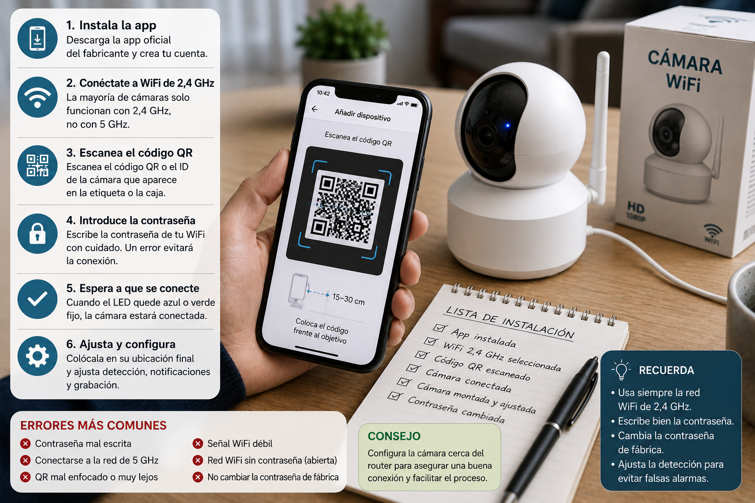 Guía visual para configurar una cámara WiFi: conectar la app, usar WiFi de 2,4 GHz, escanear el código QR y ajustar la cámara.