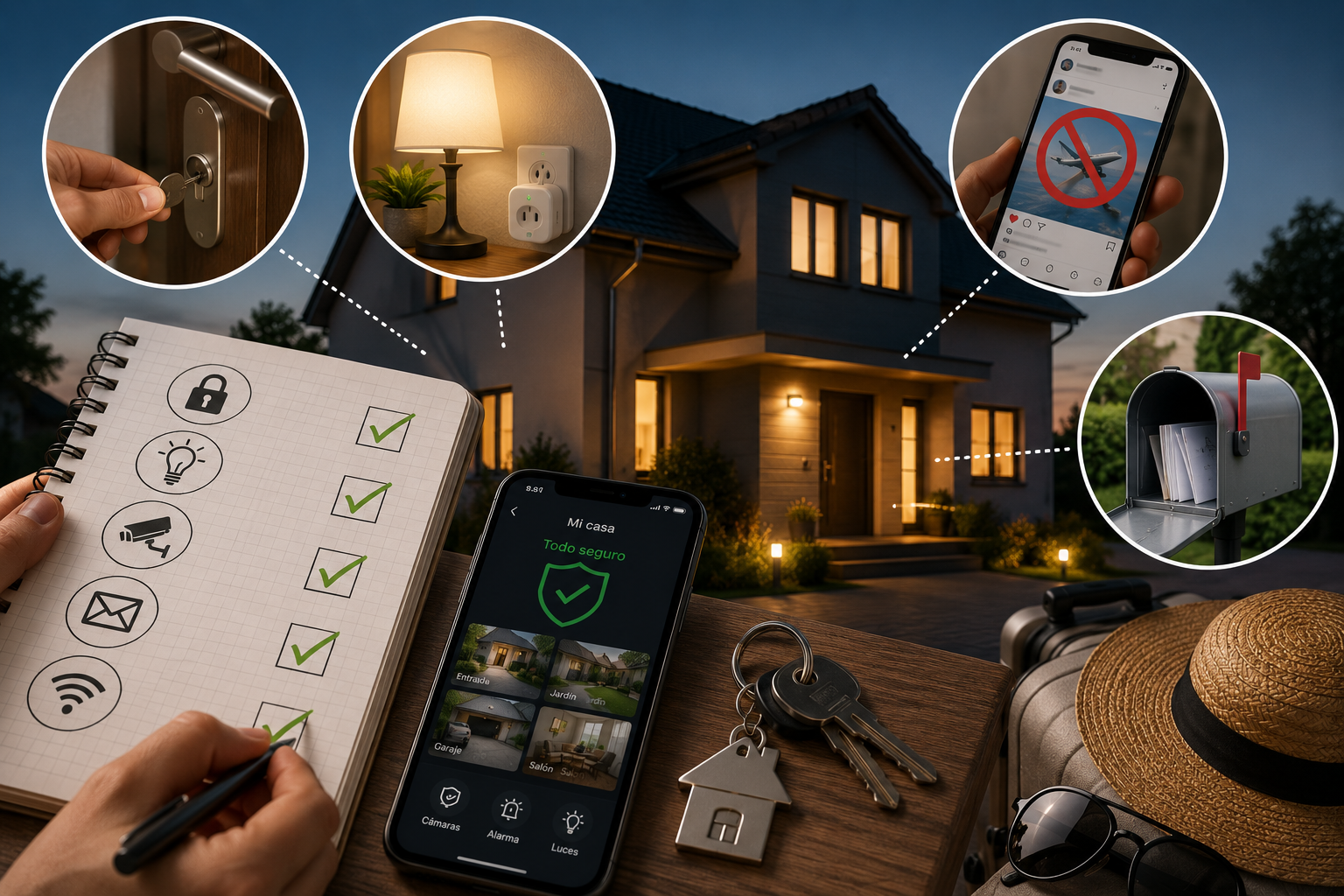 Casa protegida durante las vacaciones con puertas cerradas, luces programadas, cámaras de seguridad y control desde el móvil