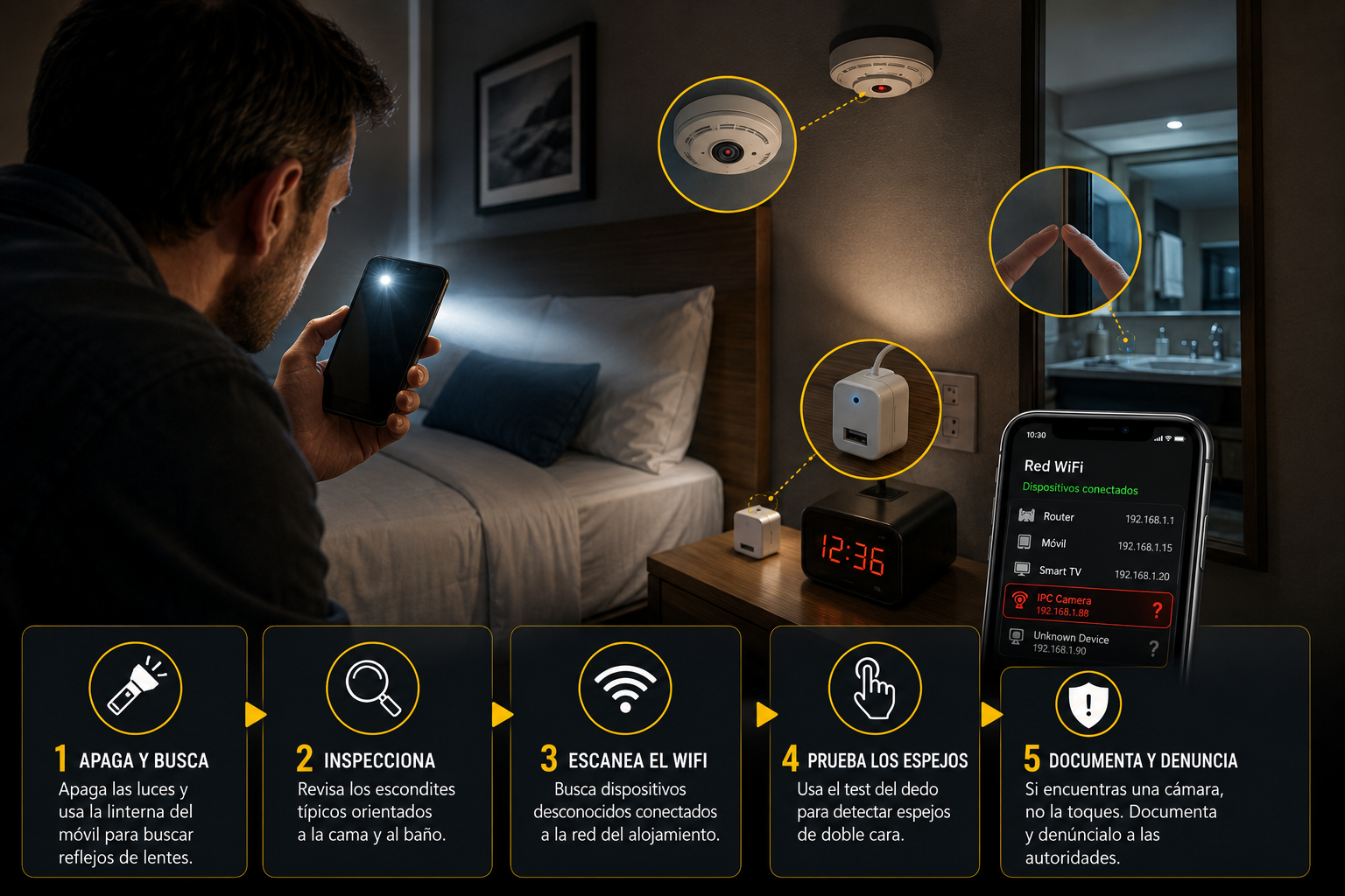 Viajero usando la linterna del móvil para revisar una habitación de hotel en busca de cámaras ocultas, inspeccionando un detector de humo, un cargador, un espejo y dispositivos conectados a la red WiFi.